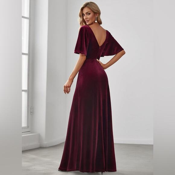 Ever Pretty V Neck Velvet Maxi Dress Flutter Sleeves Burgundy Bridesmaid Size M - Picture 2 of 14